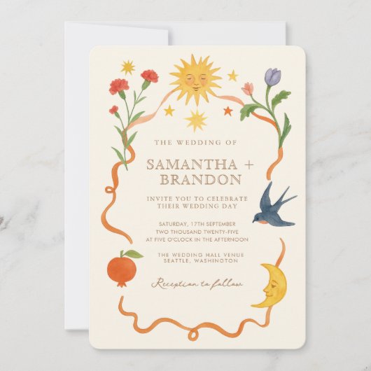 Whimsical handbemalt Celestial Folk Wedding Einladung (Vorderseite)