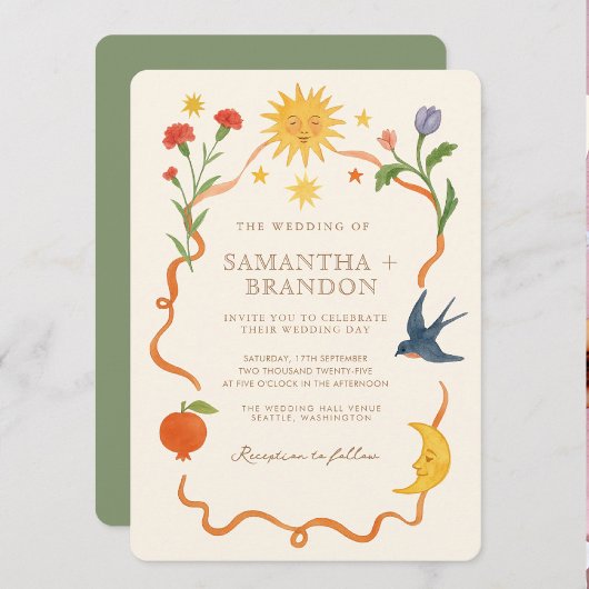 Whimsical handbemalt Celestial Folk Wedding Einladung