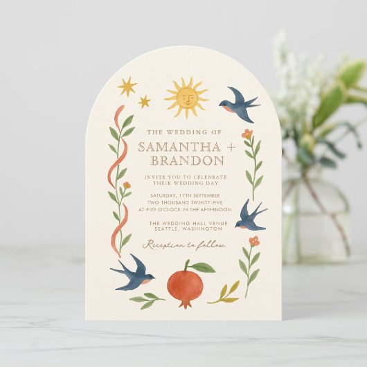 Whimsical handbemalt Celestial Folk Wedding Einladung