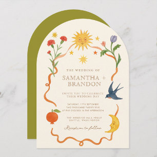 Whimsical handbemalt Celestial Folk Wedding Einladung