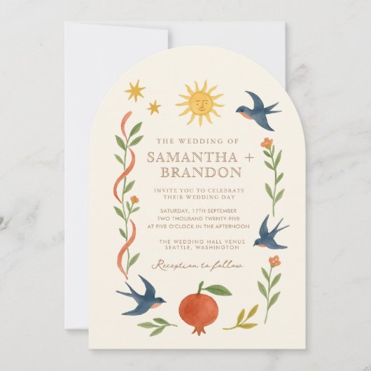 Whimsical handbemalt Celestial Folk Wedding Einladung (Vorderseite)