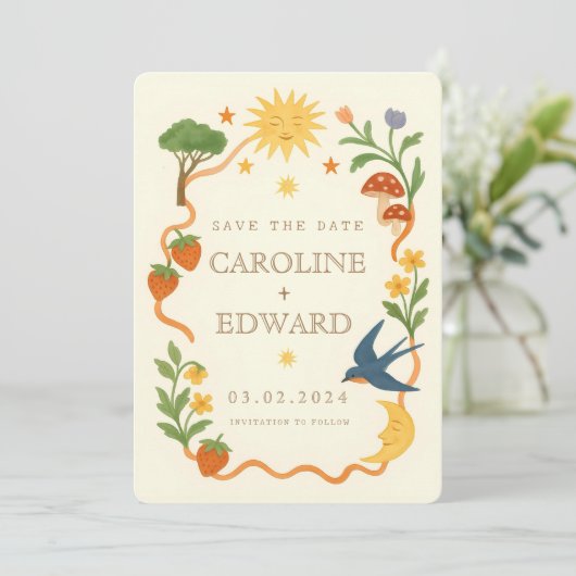 Whimsical handbemalt Celestial Folk Wedding Save The Date (Stehend Vorderseite)