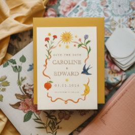 Whimsical handbemalt Celestial Folk Wedding Save The Date