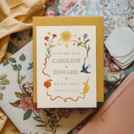 Whimsical handbemalt Celestial Folk Wedding Save The Date