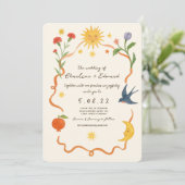 Whimsical handbemalt Sun und Mond Hochzeit Einladung (Stehend Vorderseite)