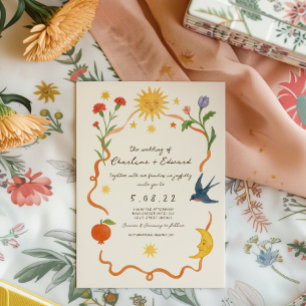 Whimsical handbemalt Sun und Mond Hochzeit Einladung