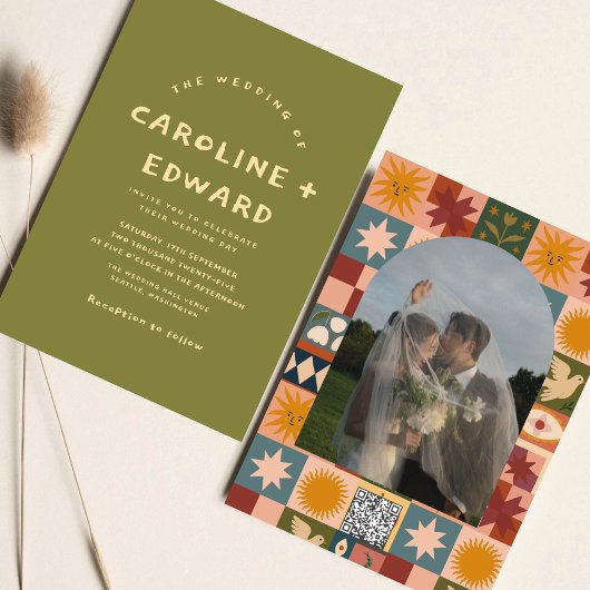 Whimsical handgezeichnet Bold farbenfrohe Hochzeit Einladung