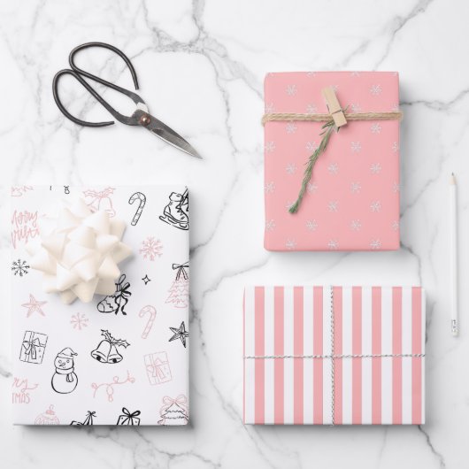 Whimsical Handgezeichnete Doodle-Weihnachten Pink Geschenkpapier Set (Vorderseite)