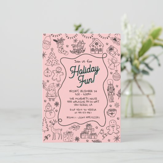 Whimsical handgezeichnete Doodle Weihnachts-Party Einladung (Stehend Vorderseite)