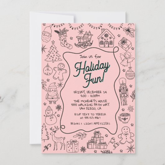 Whimsical handgezeichnete Doodle Weihnachts-Party Einladung (Vorderseite)