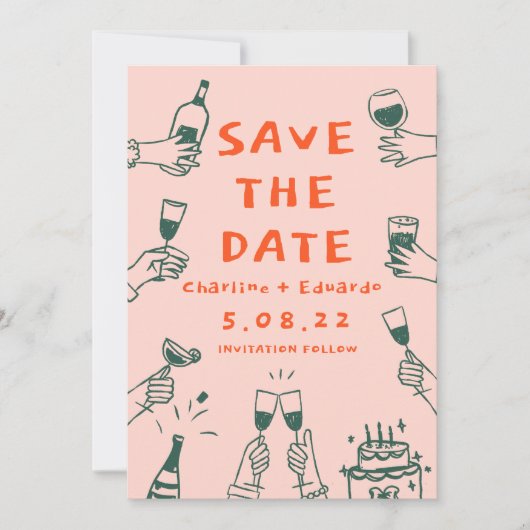 Whimsical Handgezogen Funky Retro Contemporary Save The Date (Vorderseite)