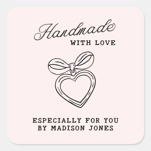 Whimsical Handmade with Love Script Heart Bow Quadratischer Aufkleber (Vorderseite)