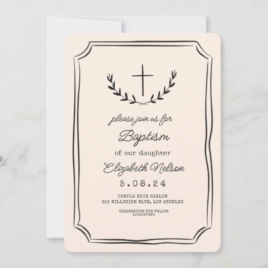 Whimsical Handwriting Cross Baptism Einladung (Vorderseite)