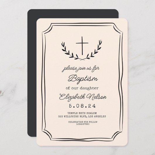 Whimsical Handwriting Cross Baptism Einladung