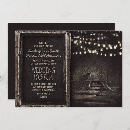 Whimsical Hängeleuchten Baumweg rustikale Hochzeit Einladung (Vorne/Hinten)