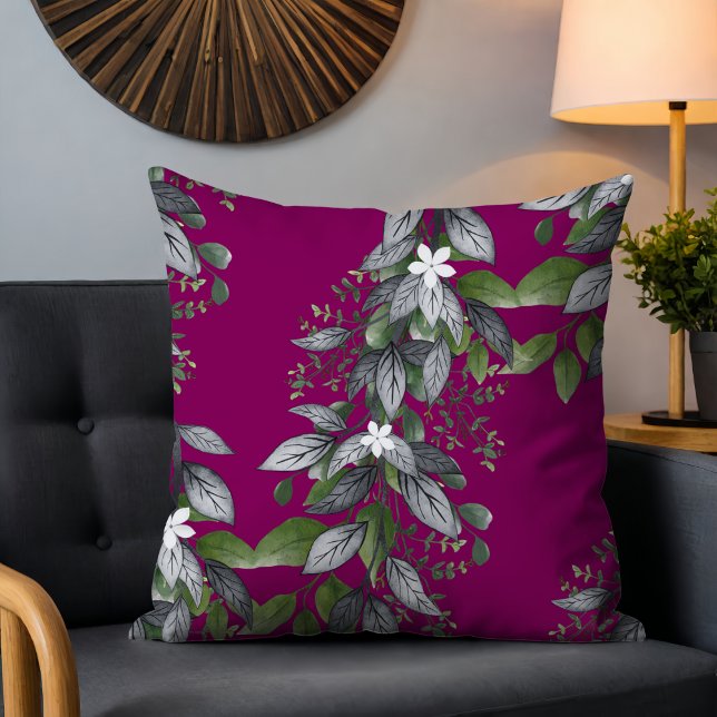 Whimsical Hanging Blume und Blätter Dunkle Fuchsia Kissen (Von Creator hochgeladen)