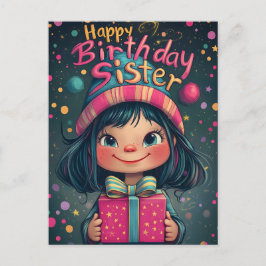 Whimsical Happy Birthday Schwester Illustration Postkarte