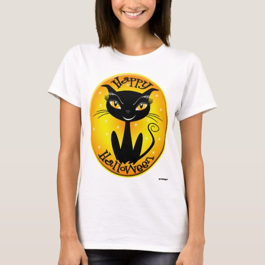 Whimsical Happy Halloween Katze mit Sternen T-Shirt (Vorderseite)