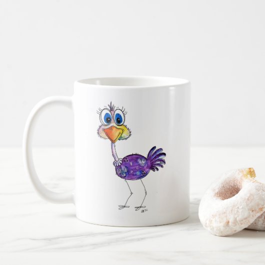 Whimsical Happy Lila Ostrich Kaffeetasse (Mit Donut)