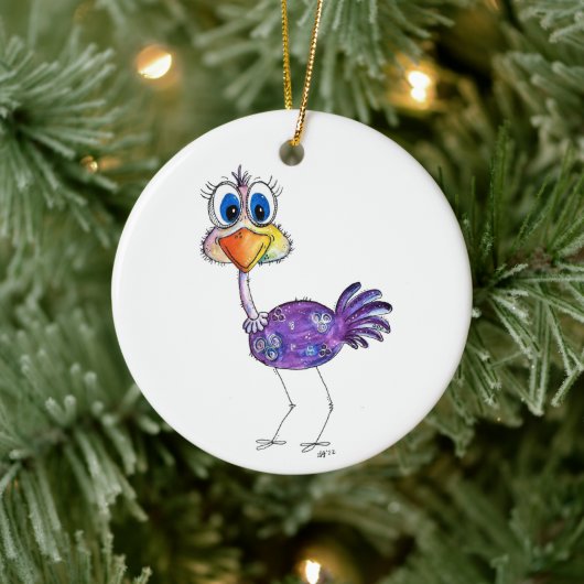 Whimsical Happy Lila Ostrich Keramik Ornament (Baum)