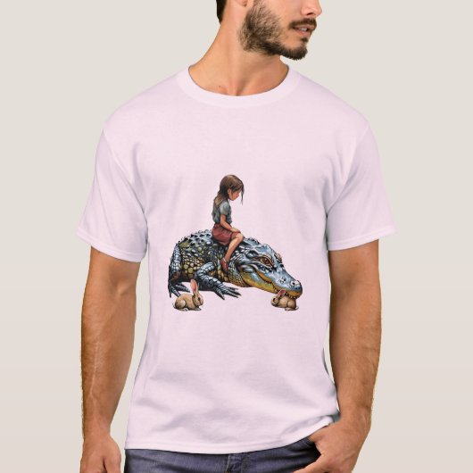 Whimsical Harmony: Girl Riding a Alligator T-Shirt (Vorderseite)