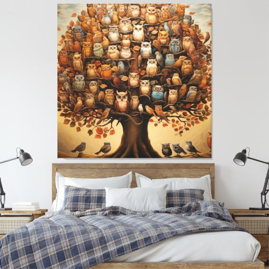 Whimsical Haven: Das Owl-geschmückte Arboretum Leinwanddruck (Insitu (Schlafzimmer))