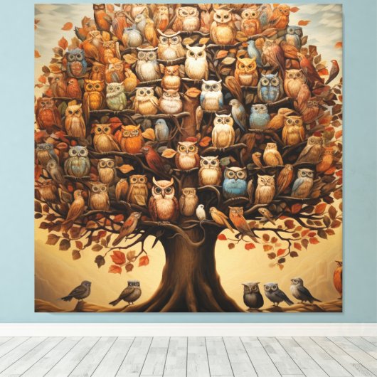 Whimsical Haven: Das Owl-geschmückte Arboretum Leinwanddruck (Insitu (Holzboden))