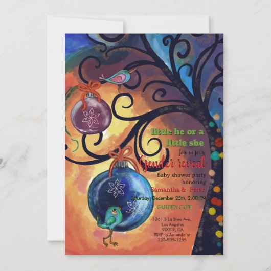 Whimsical He or She Elf & Bird Gender Invitation Einladung (Rückseite)