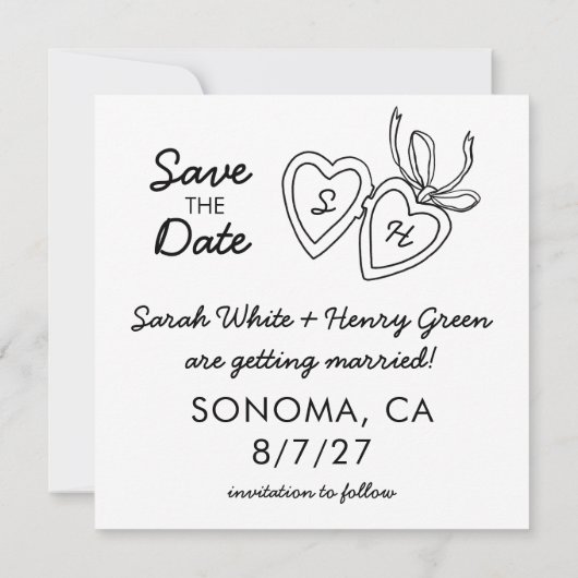 Whimsical Heart Locket Doodle Sketch Modern CUSTOM Save The Date (Rückseite)