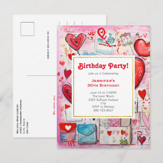 Whimsical Hearts and Liebe Letters Birthday Einlad Einladungspostkarte