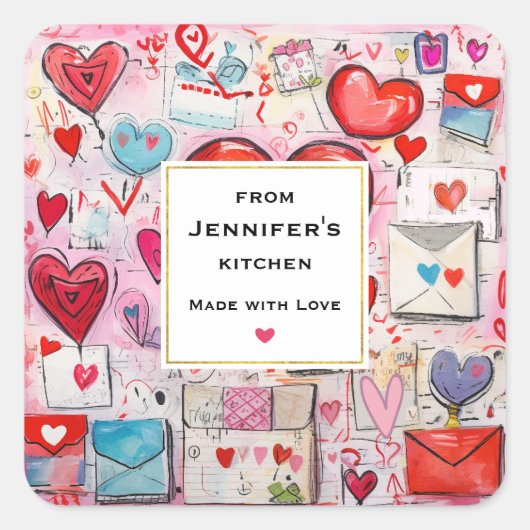 Whimsical Hearts and Liebe Letters Kitchen Quadratischer Aufkleber (Vorderseite)