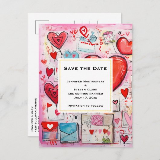 Whimsical Hearts and Liebe Letters Save the Date Einladungspostkarte (Vorne/Hinten)
