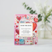 Whimsical Hearts and Liebe Letters Save the Date Einladungspostkarte (Stehend Vorderseite)