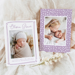 Whimsical Hearts Lavender Foto Birth Ankündigung