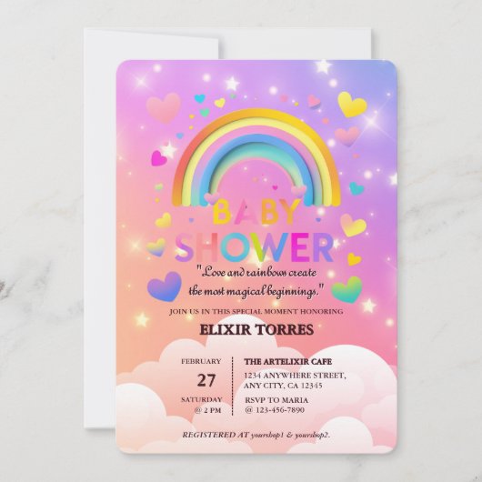 Whimsical Hearts & Rainbows Kinderdusche Einladung (Vorderseite)