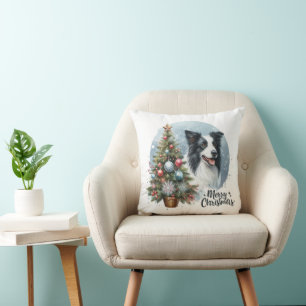 Whimsical Herding Border Collie Dog Merry Xmas Kissen
