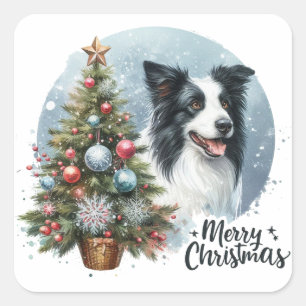 Whimsical Herding Border Collie Dog Merry Xmas Quadratischer Aufkleber