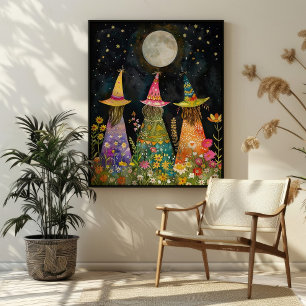 Whimsical Hexen unter Vollmond farbenfrohe Kunst Poster