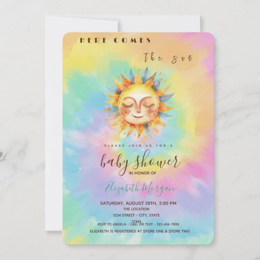 Whimsical hier kommt die Sun Gefärbte Krawatte Bab Einladung (Vorderseite)