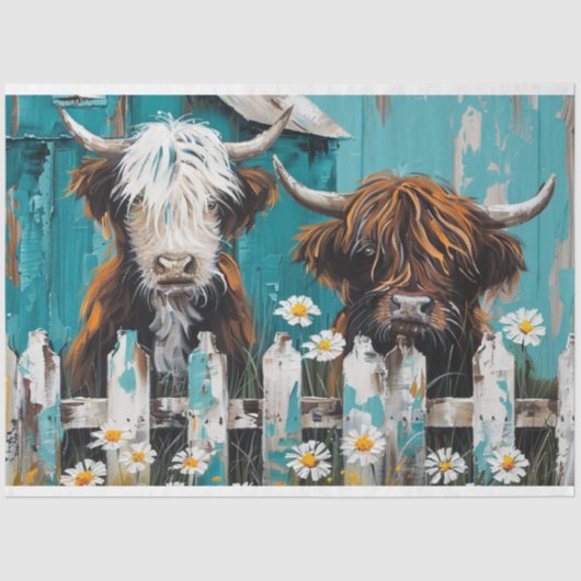 Whimsical Highland Cow Daisy Blue Stall Decoupage Seidenpapier (Vorderseite)