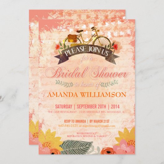 Whimsical Hipster Bicycle Bridal Dusche Einladung (Vorne/Hinten)