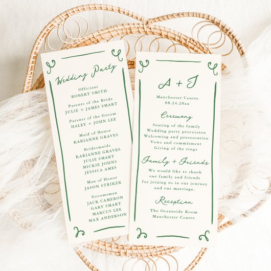 Whimsical Hochzeitsprogramm mit grüner Handzeichnu Menükarte