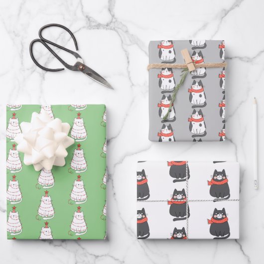 Whimsical Holiday Cat Trio Geschenkpapier Set (Vorderseite)