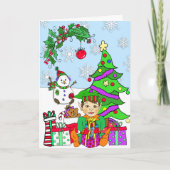 Whimsical Holiday Elf und Weihnachtsbaum Karte (Vorderseite)