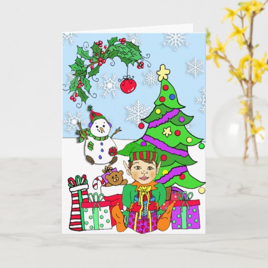 Whimsical Holiday Elf und Weihnachtsbaum Karte (Gelbe Blume)