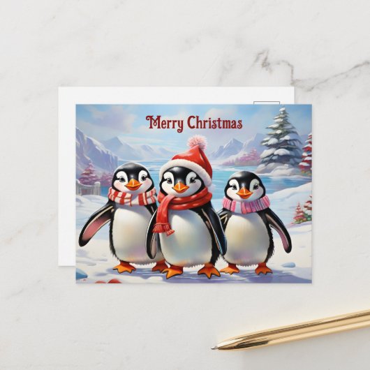 Whimsical Holiday Penguin Trio Postkarte (Vorderseite/Rückseite Beispiel)