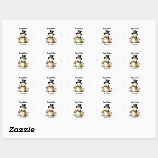 Whimsical Holiday Snowman Classic Round Sticker (Blatt)