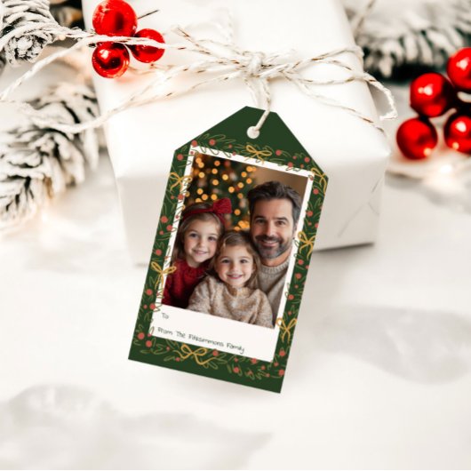 Whimsical Holiday Wreath & Bows Photo Card Geschenkanhänger