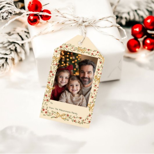 Whimsical Holiday Wreath & Bows Photo Card Geschenkanhänger