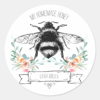 Whimsical Honey Bee Floral Homemade Honey Label Runder Aufkleber